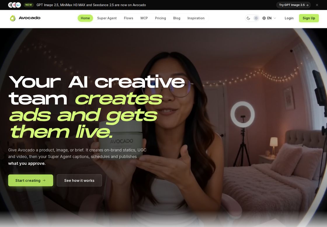 Avocado AI homepage, first screen