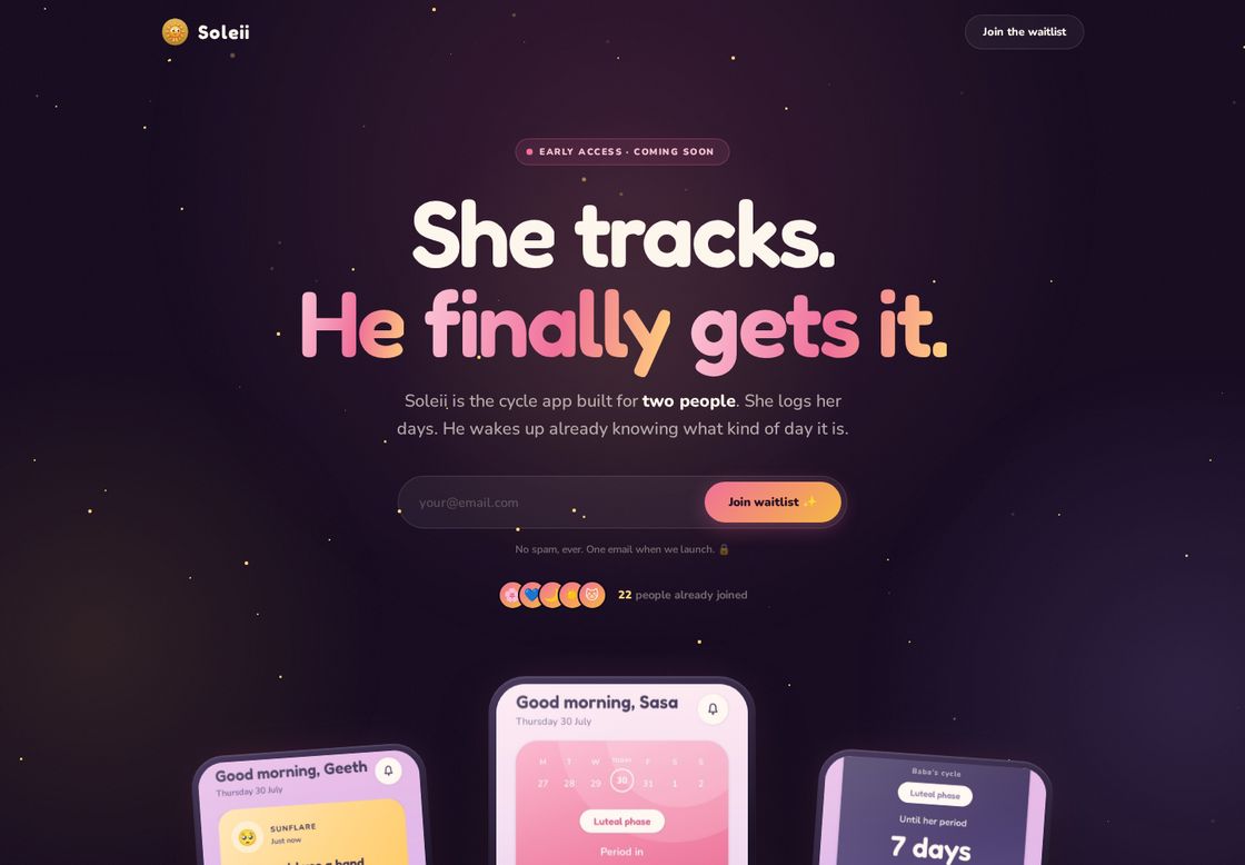 Soleii homepage, first screen