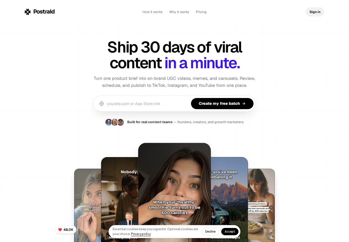 Postraid homepage, first screen