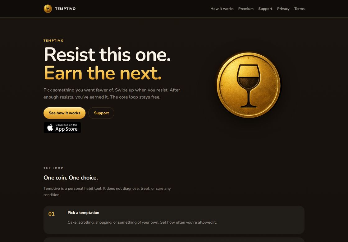 Temptivo homepage, first screen