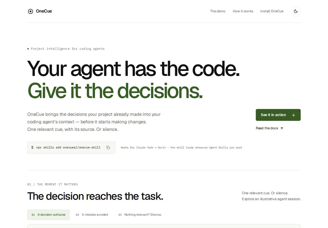 OneCue homepage, first screen