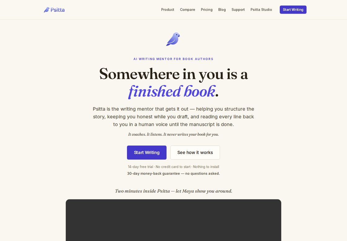 Psitta homepage, first screen