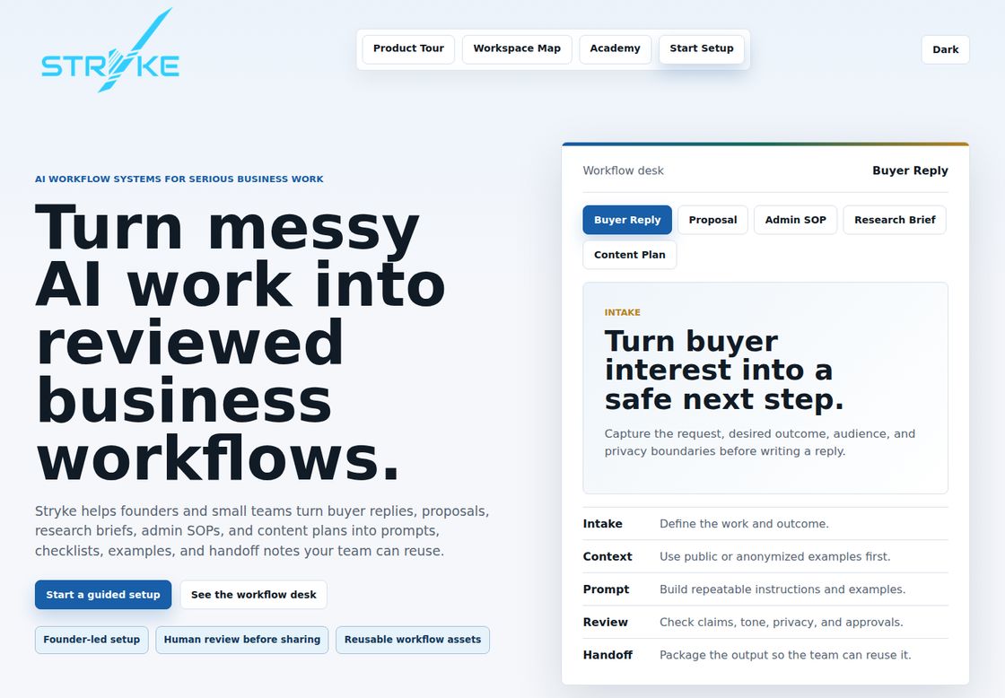 StrykeHQ homepage, first screen