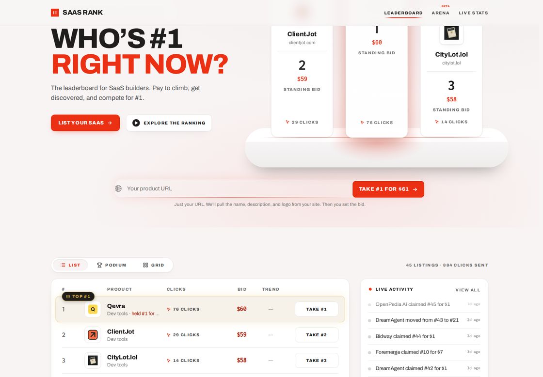 SaaS Rank homepage, first screen