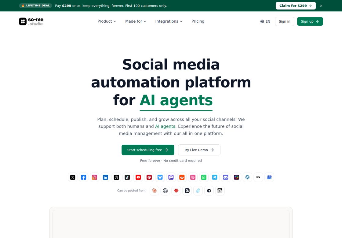 Social Media Studio homepage, first screen