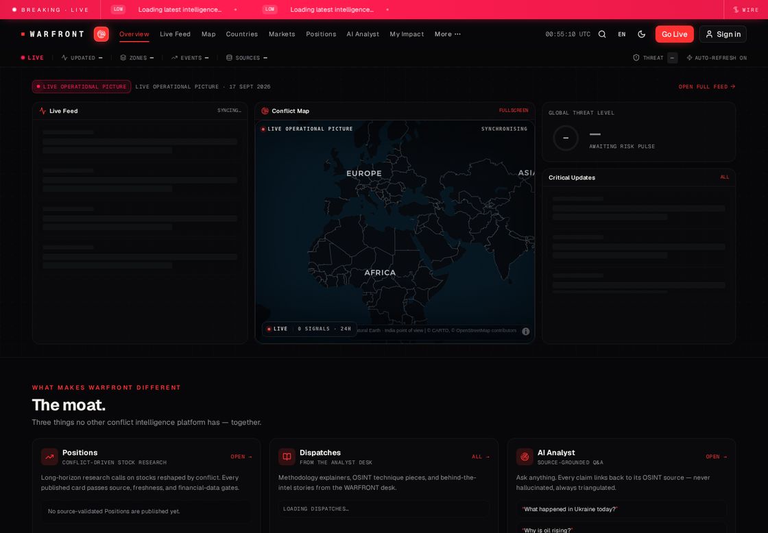 WARFRONT homepage, first screen