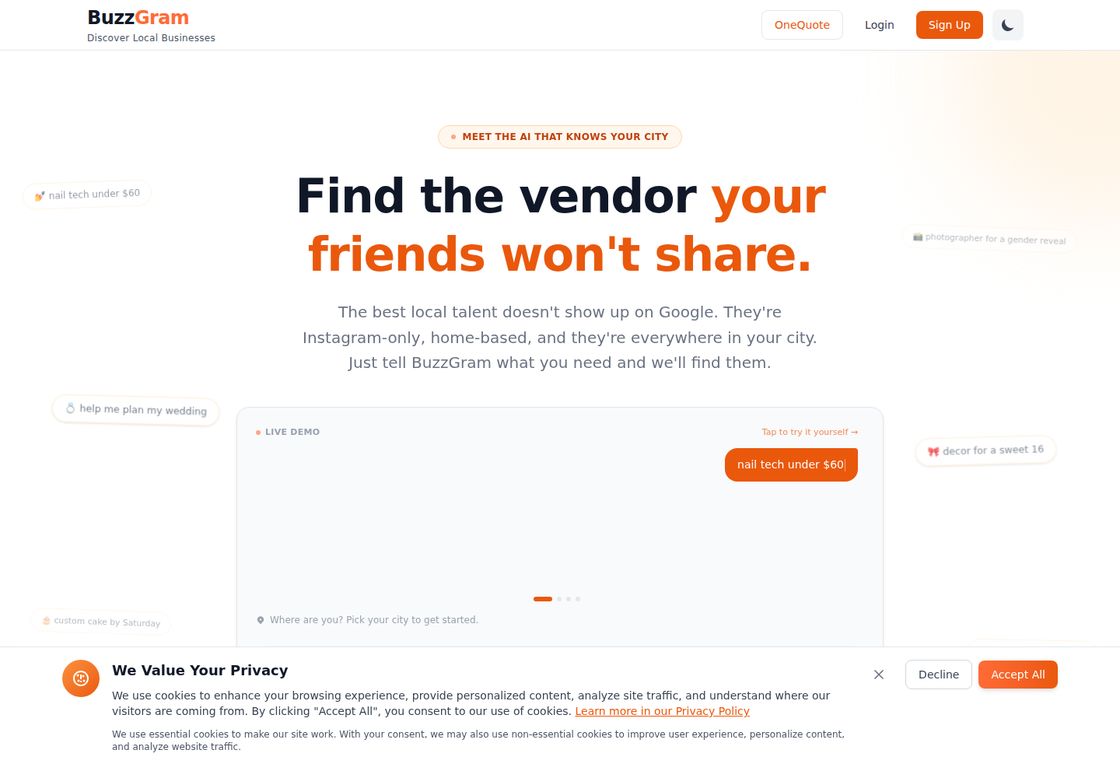 BuzzGram homepage, first screen
