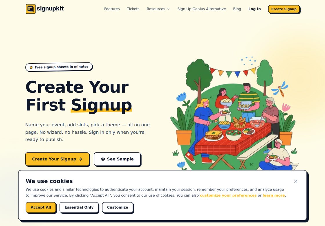 Signupkit homepage, first screen