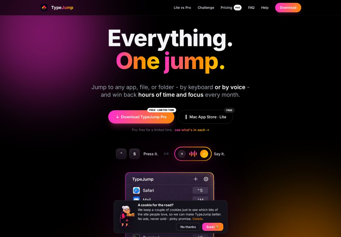 TypeJump homepage, first screen