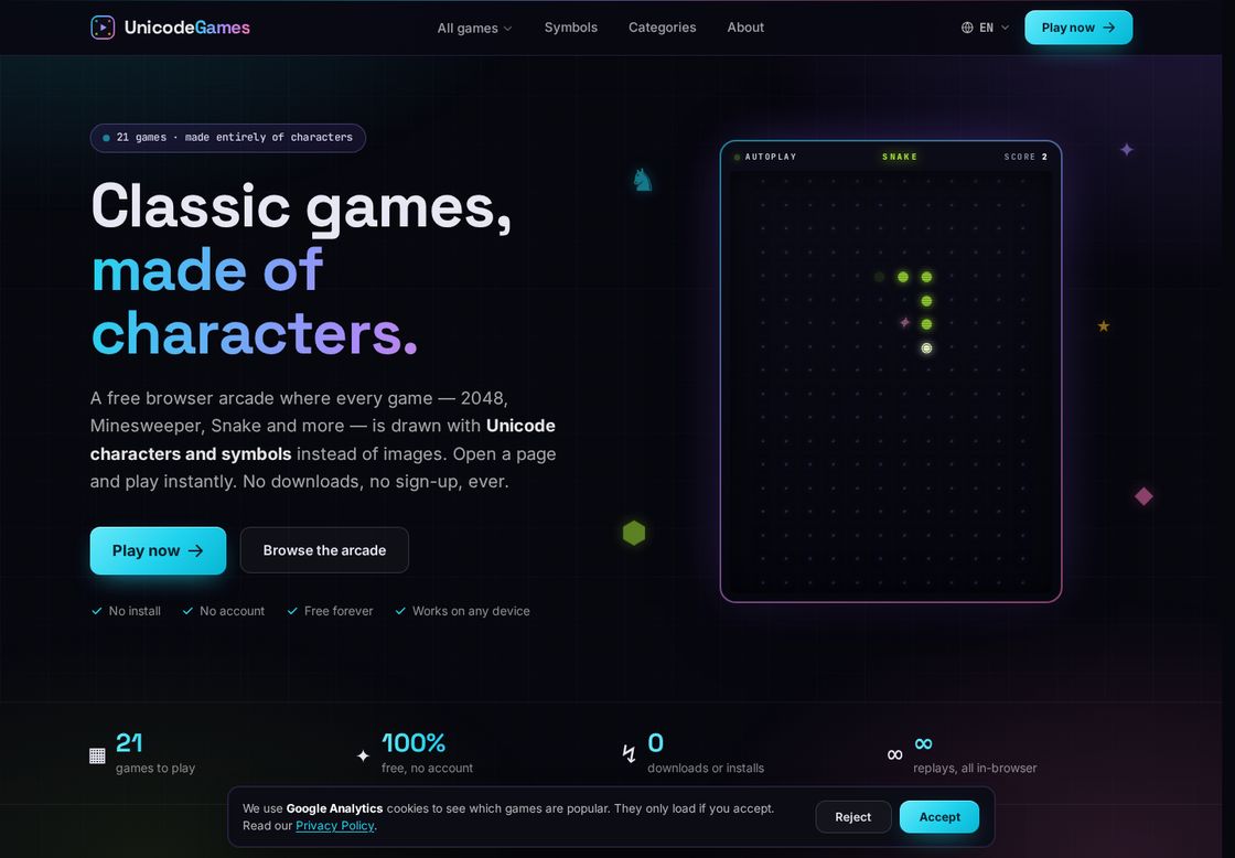 UnicodeGames homepage, first screen
