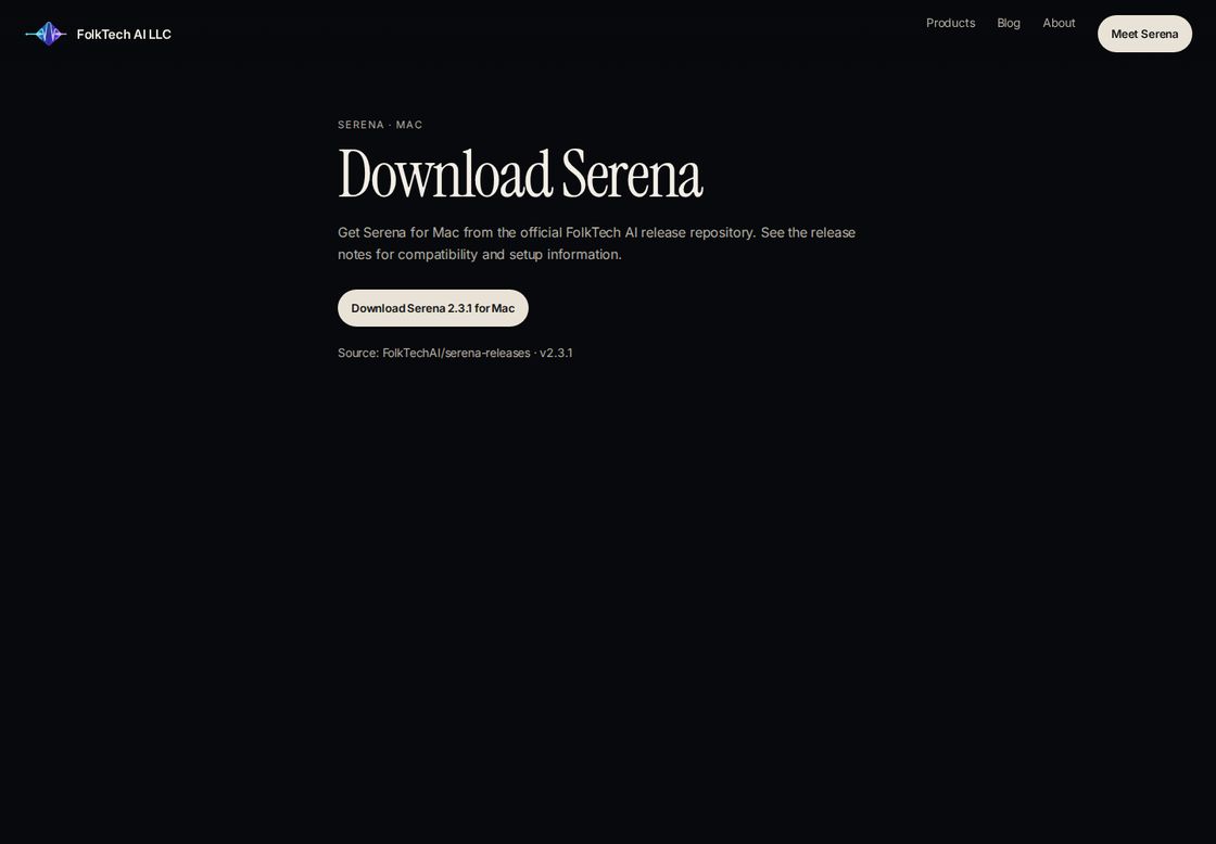 Serena homepage, first screen