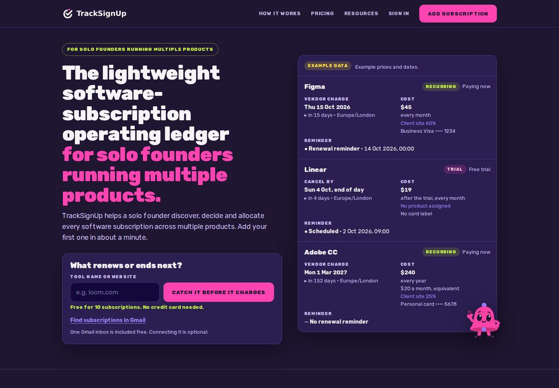 TrackSignUp homepage, first screen