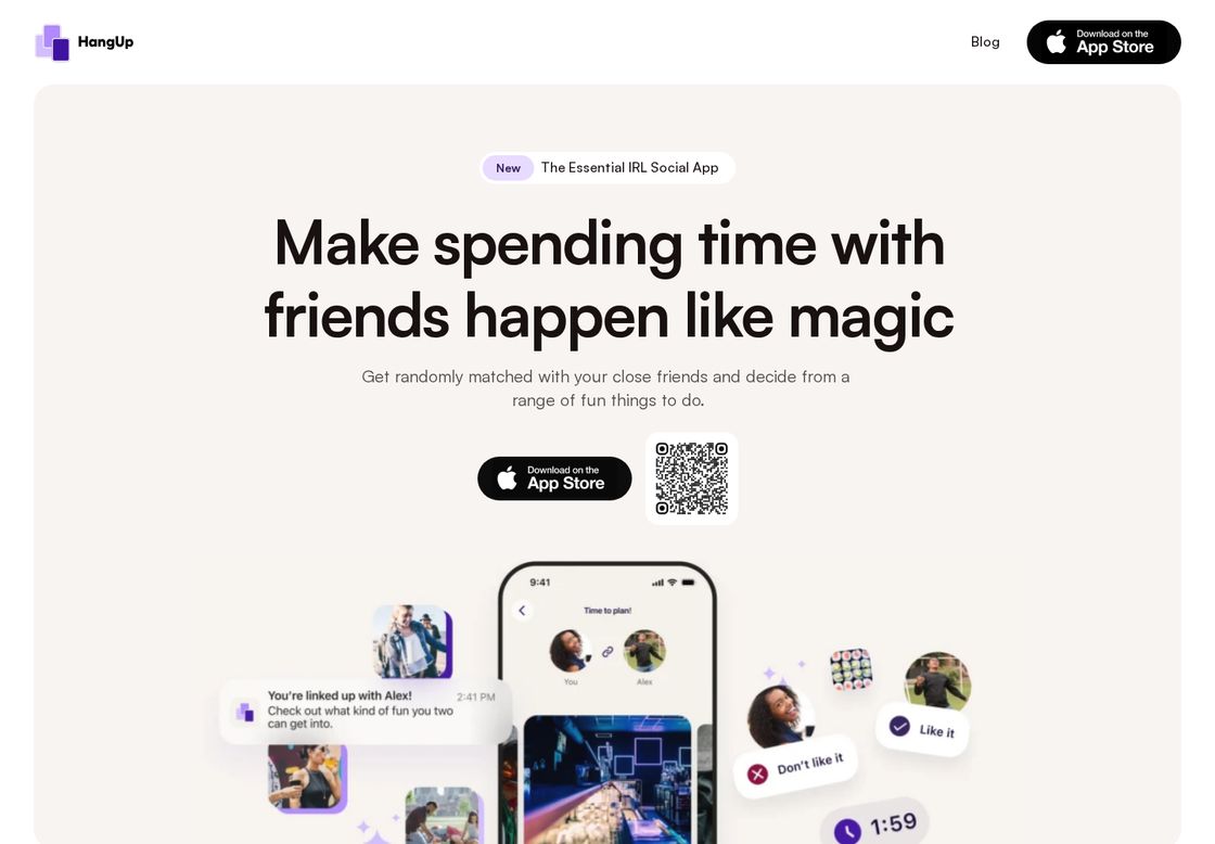 HangUp homepage, first screen