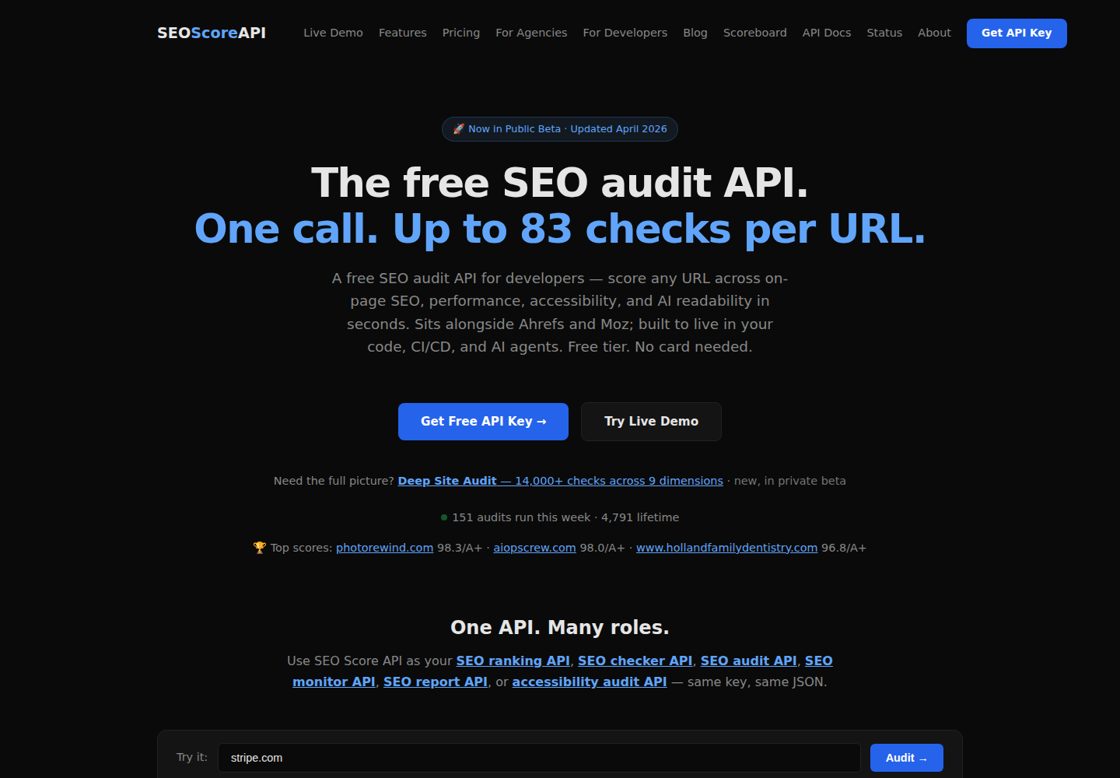 SEO Score API homepage, first screen