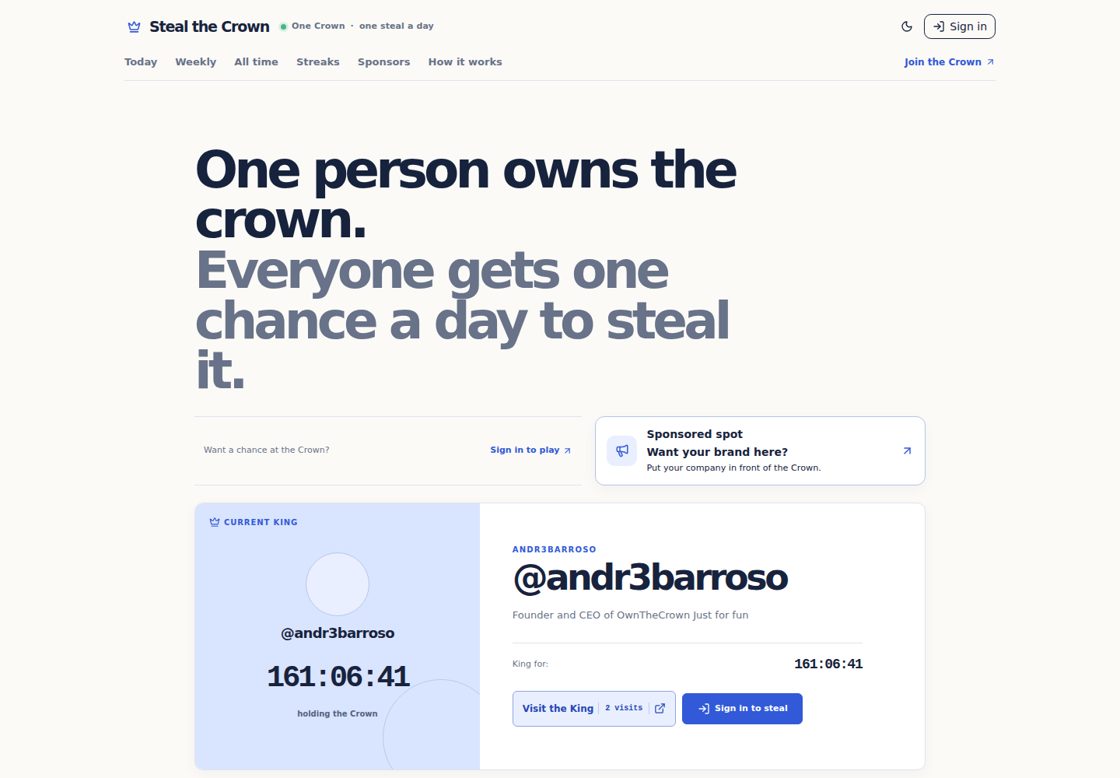 Steal the Crown homepage, first screen
