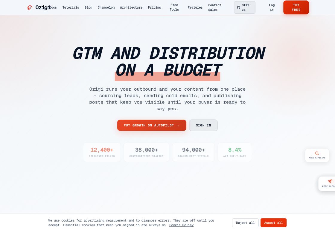 Ozigi homepage, first screen