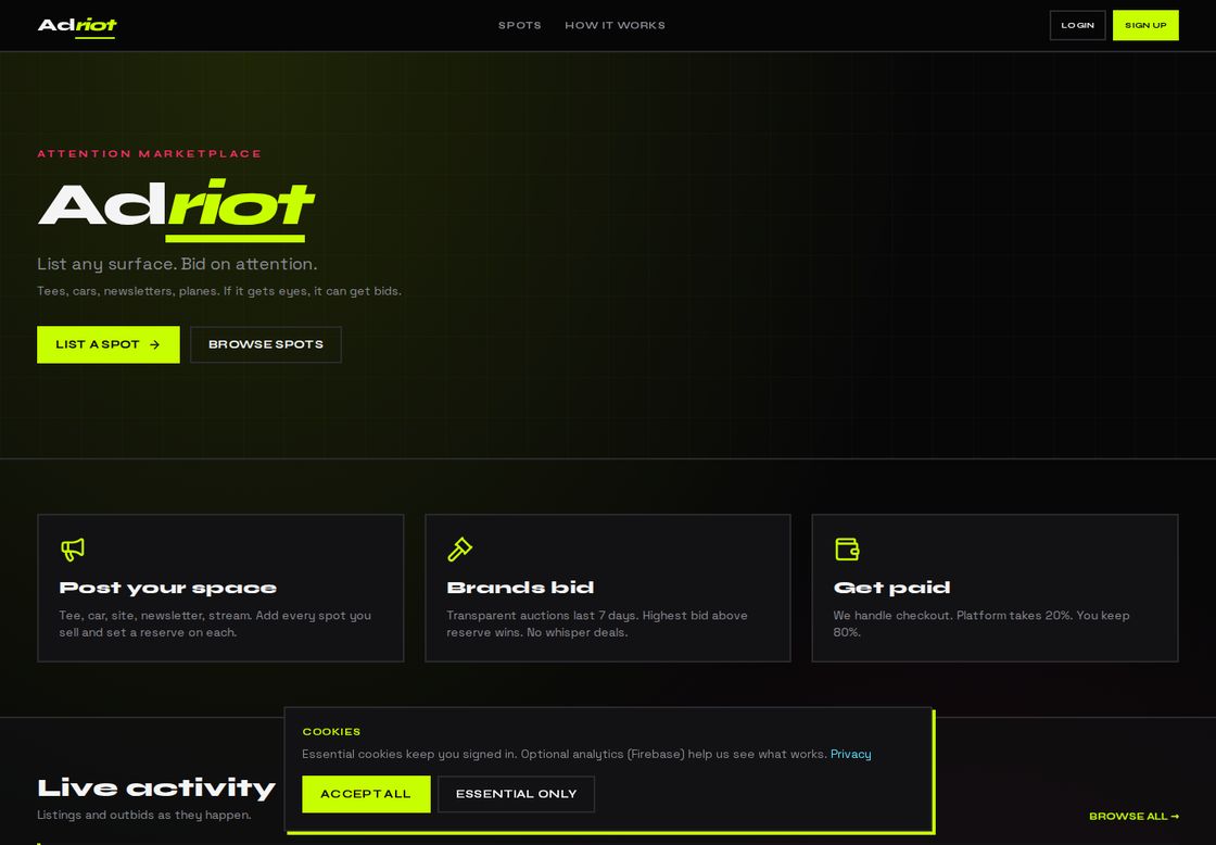 Adriot homepage, first screen