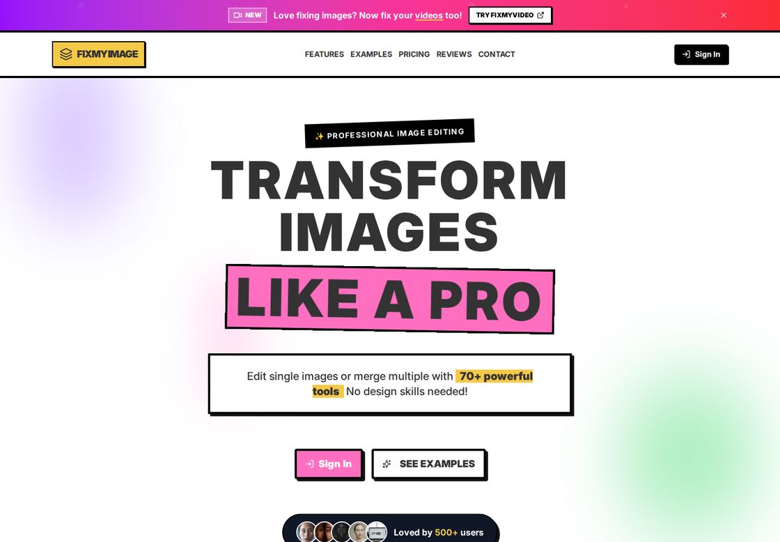 Fix My Image homepage, first screen