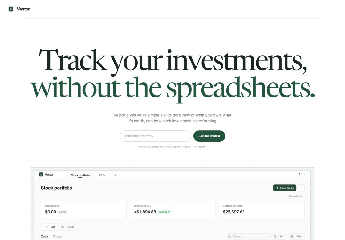 Vestor homepage, first screen