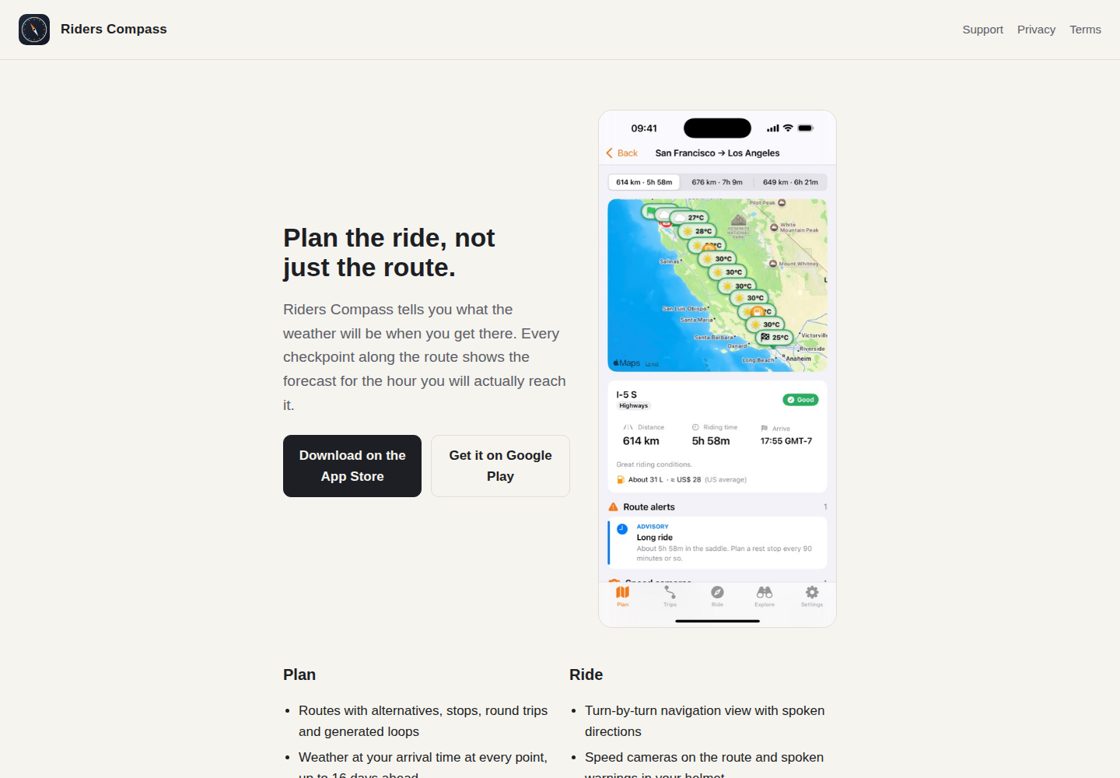Riders Compass homepage, first screen