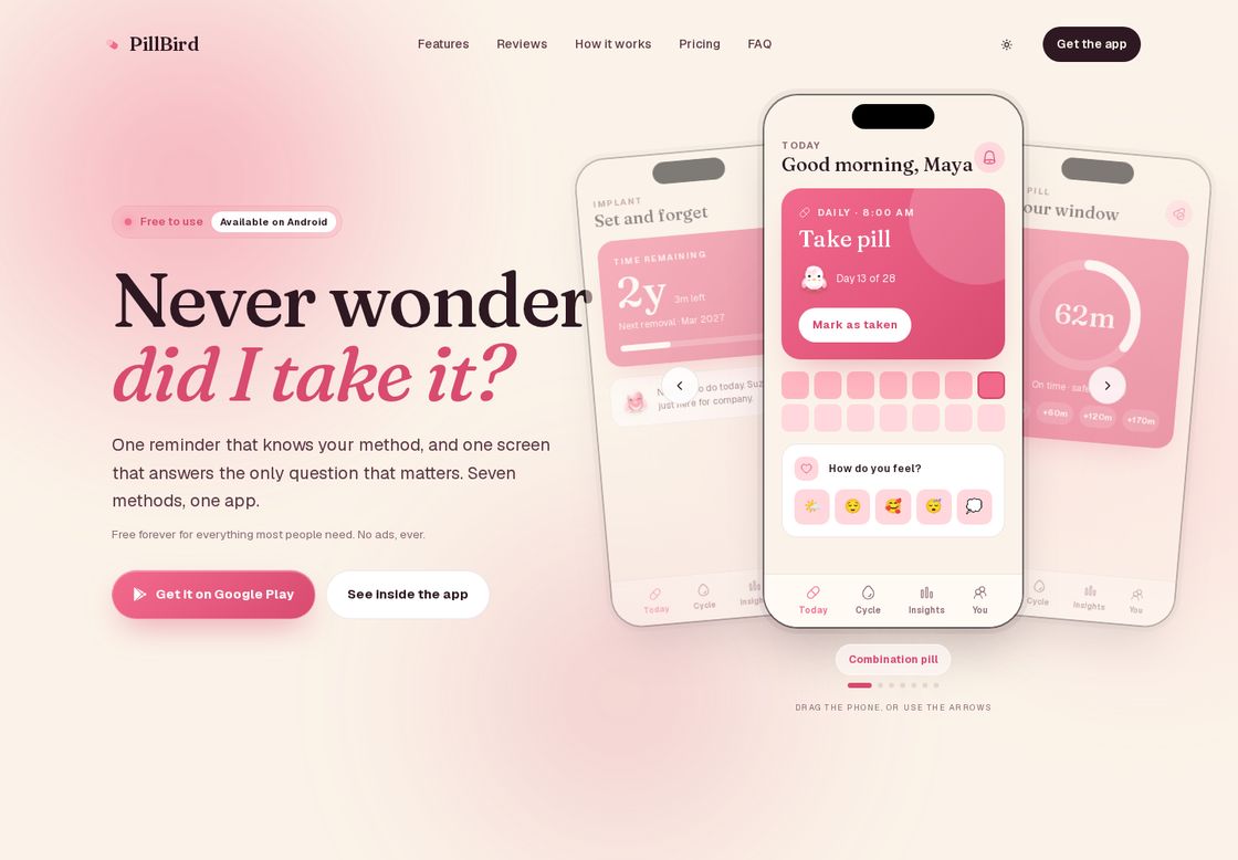 PillBird homepage, first screen