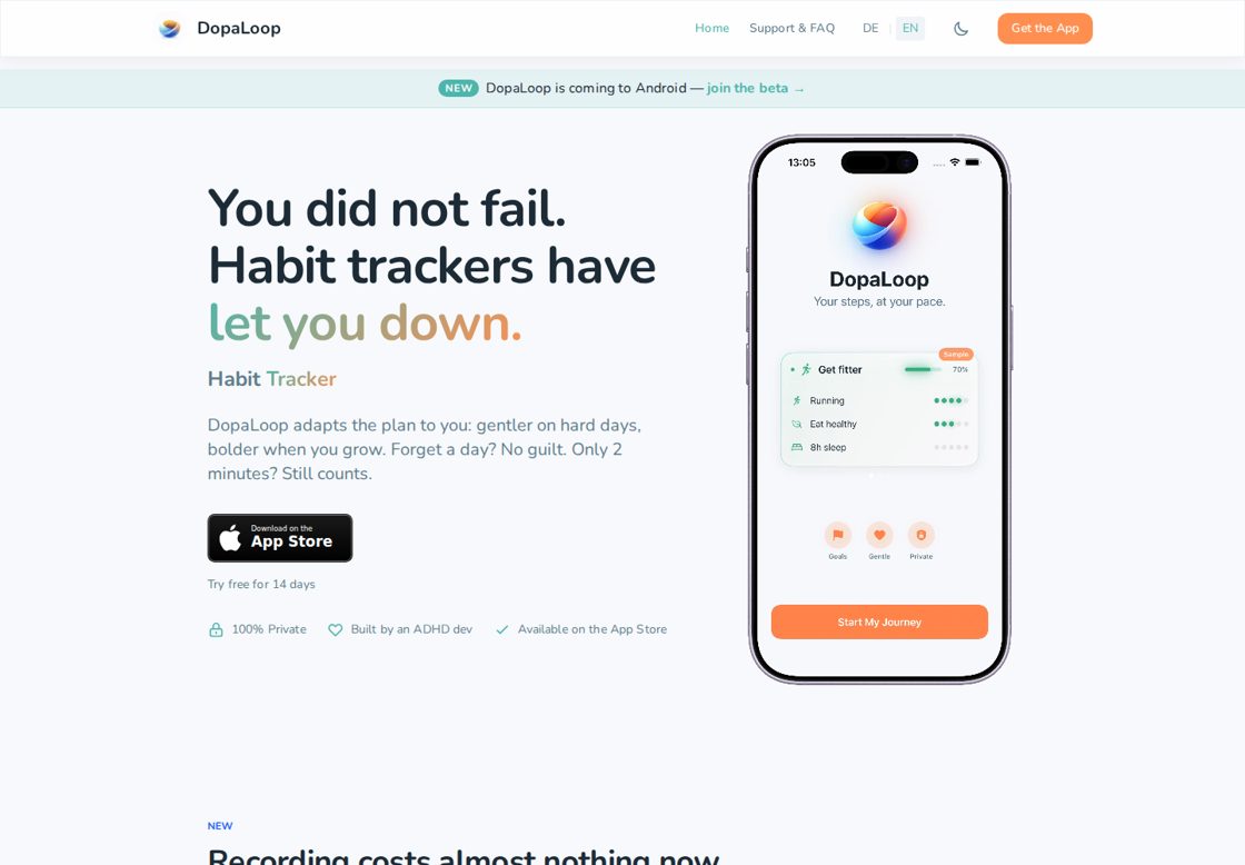 DopaLoop homepage, first screen