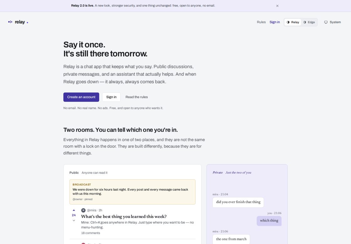 Relay homepage, first screen
