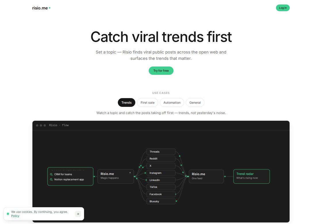 Risio homepage, first screen