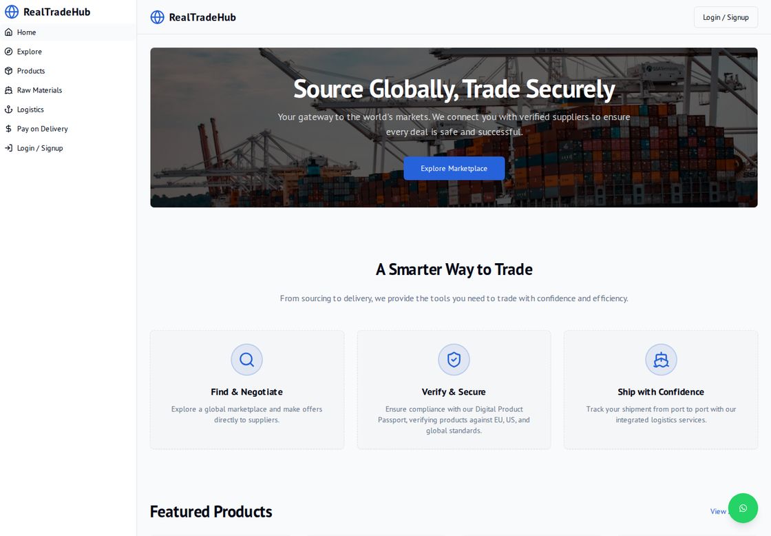 RealTradeHub homepage, first screen