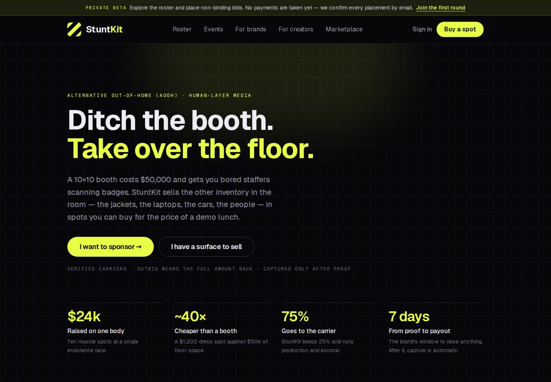 StuntKit homepage, first screen