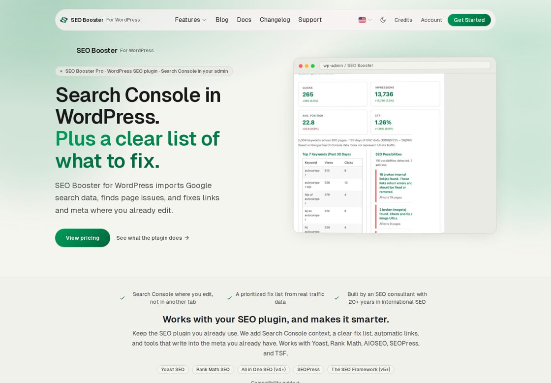 SEO Booster Pro homepage, first screen