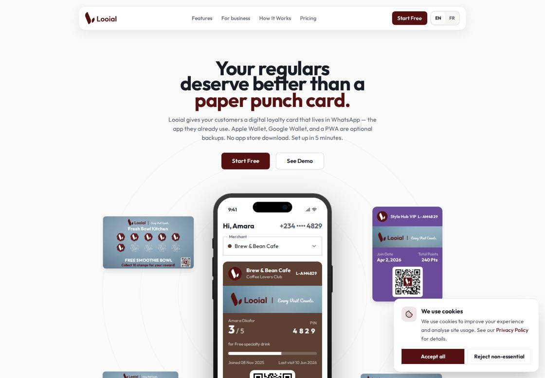 Looial homepage, first screen