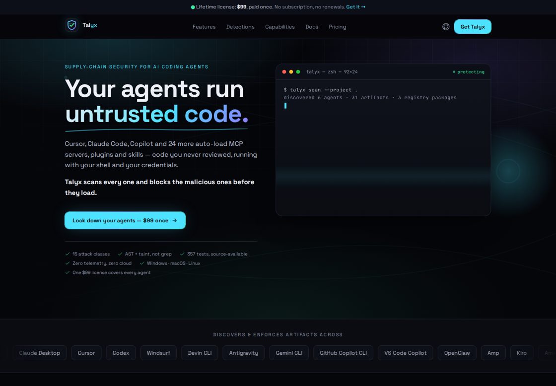 Talyx homepage, first screen