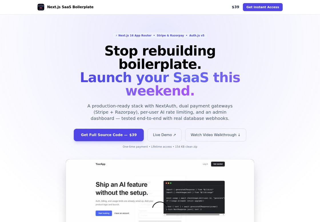 Next.js SaaS Boilerplate homepage, first screen