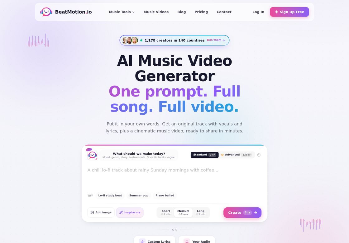 BeatMotion homepage, first screen