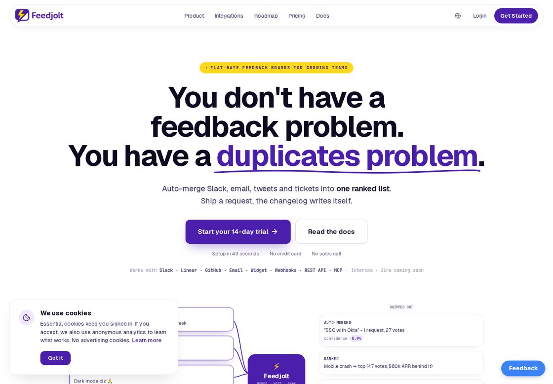 Feedjolt homepage, first screen