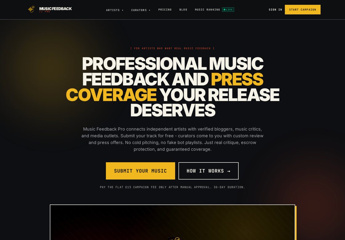 Music Feedback Pro homepage, first screen