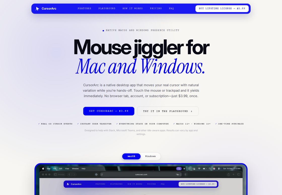CursorArc homepage, first screen