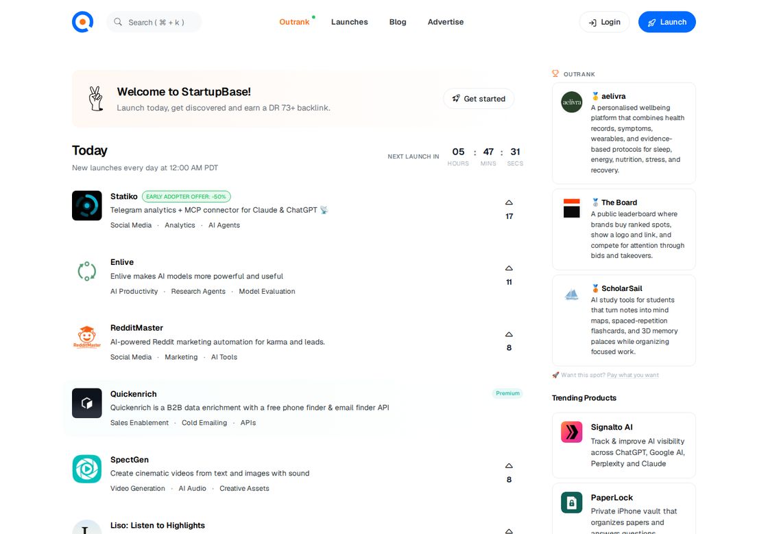 StartupBase homepage, first screen