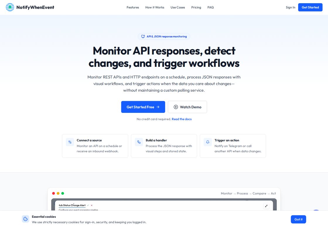 NotifyWhenEvent homepage, first screen