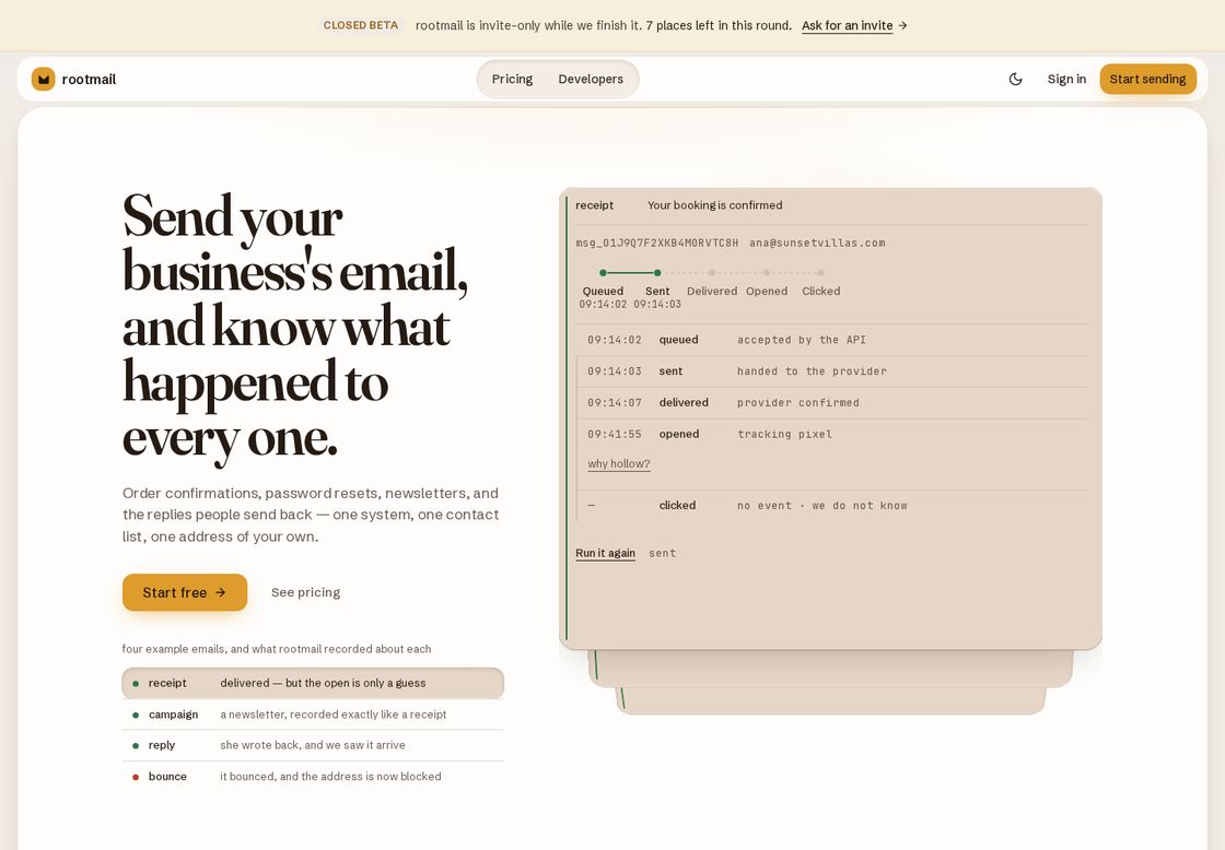 rootmail homepage, first screen