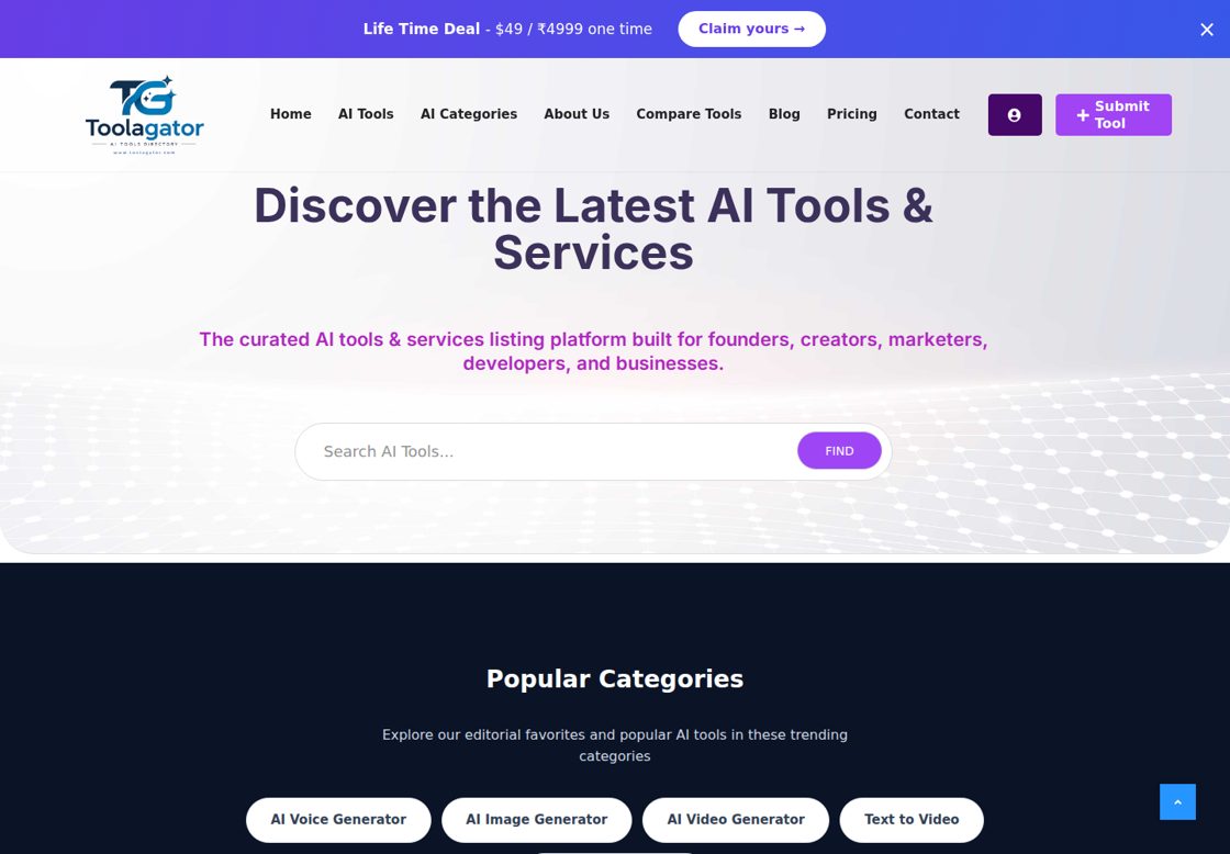 ToolaGator homepage, first screen