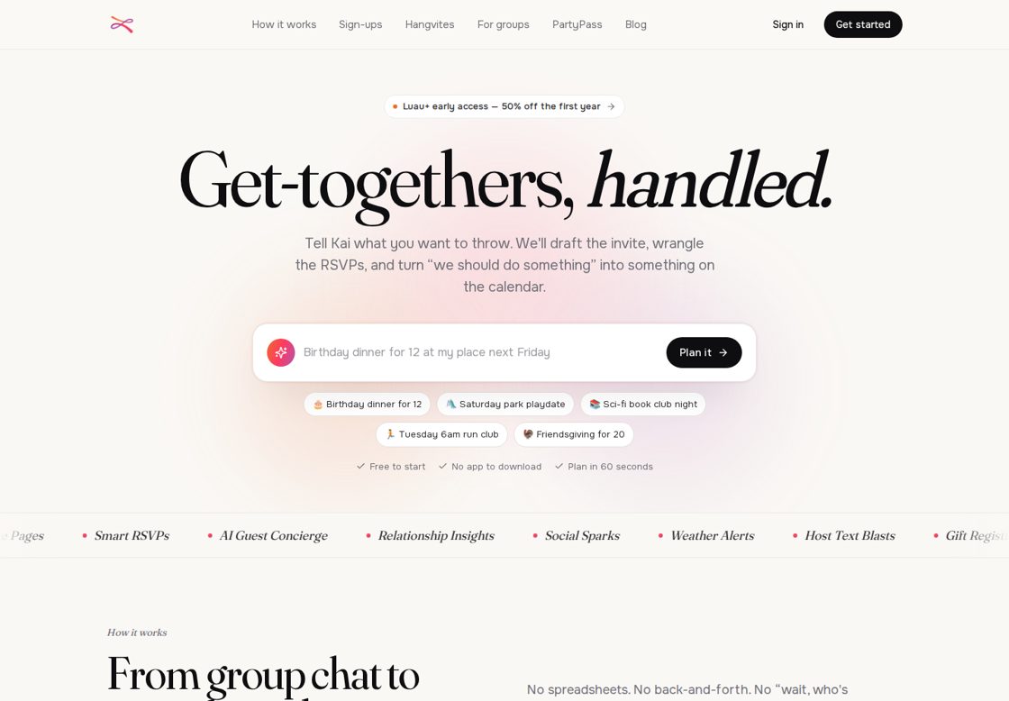 Luau homepage, first screen