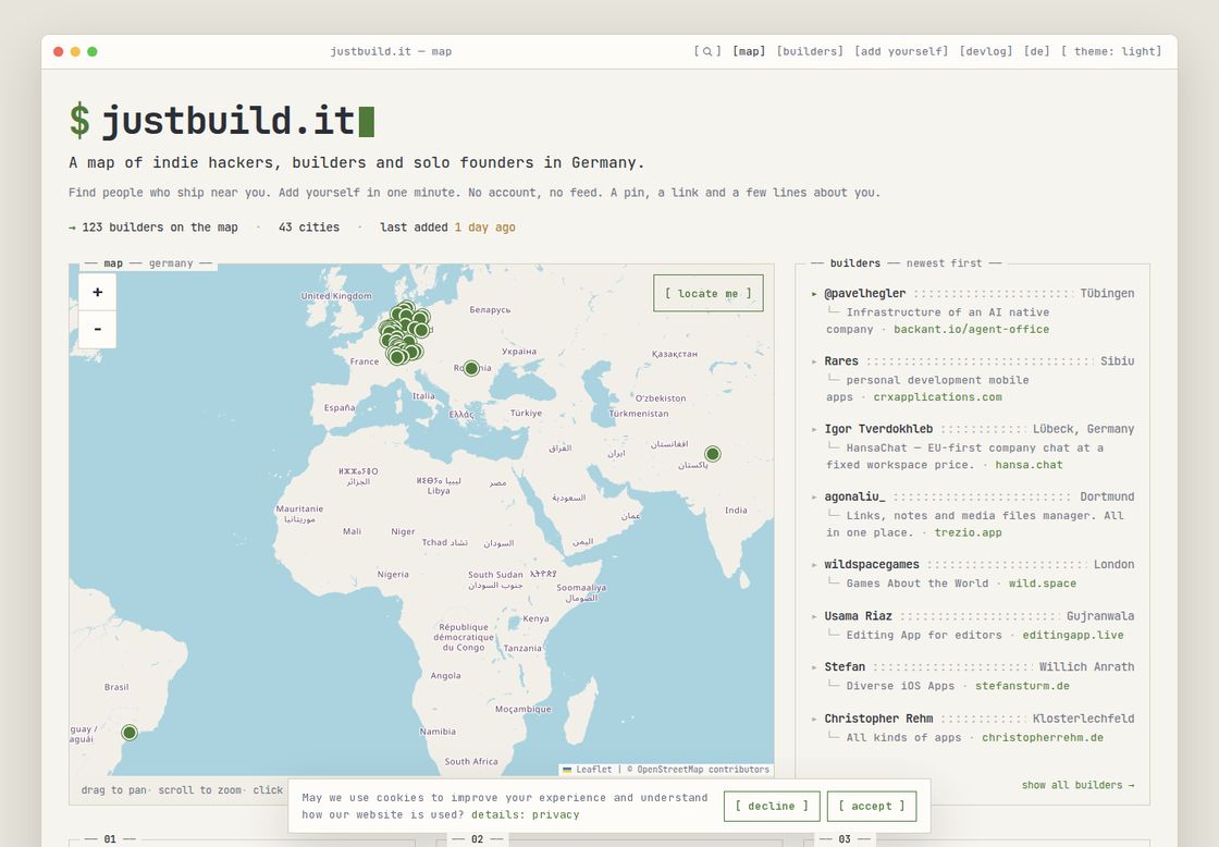 justbuild.it homepage, first screen