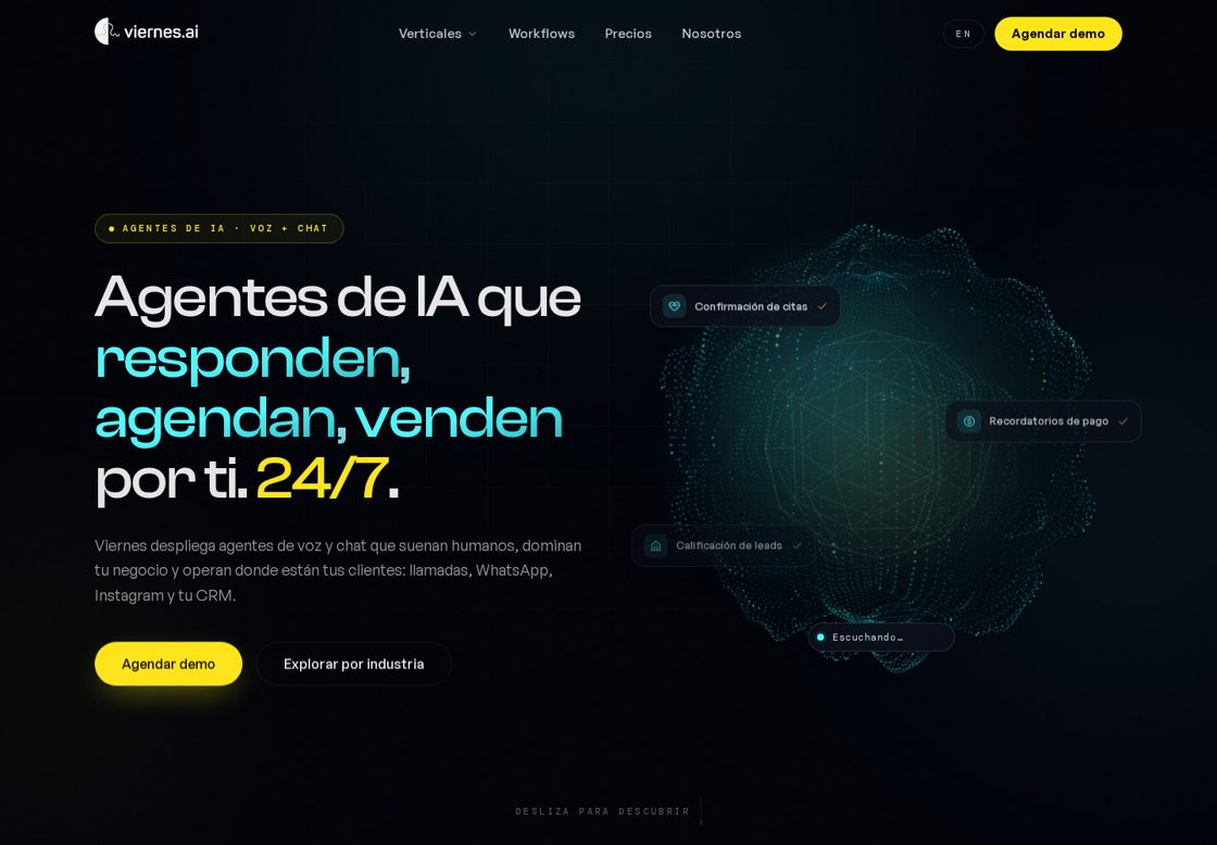 Viernes AI homepage, first screen