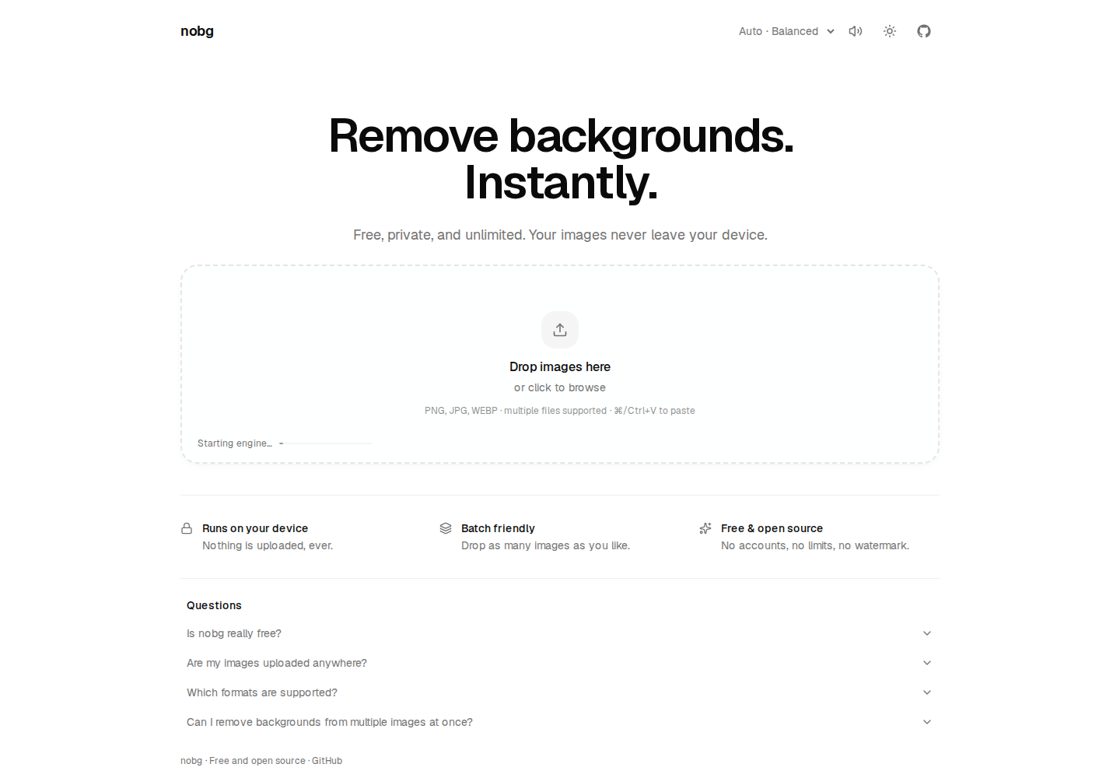 nobg homepage, first screen