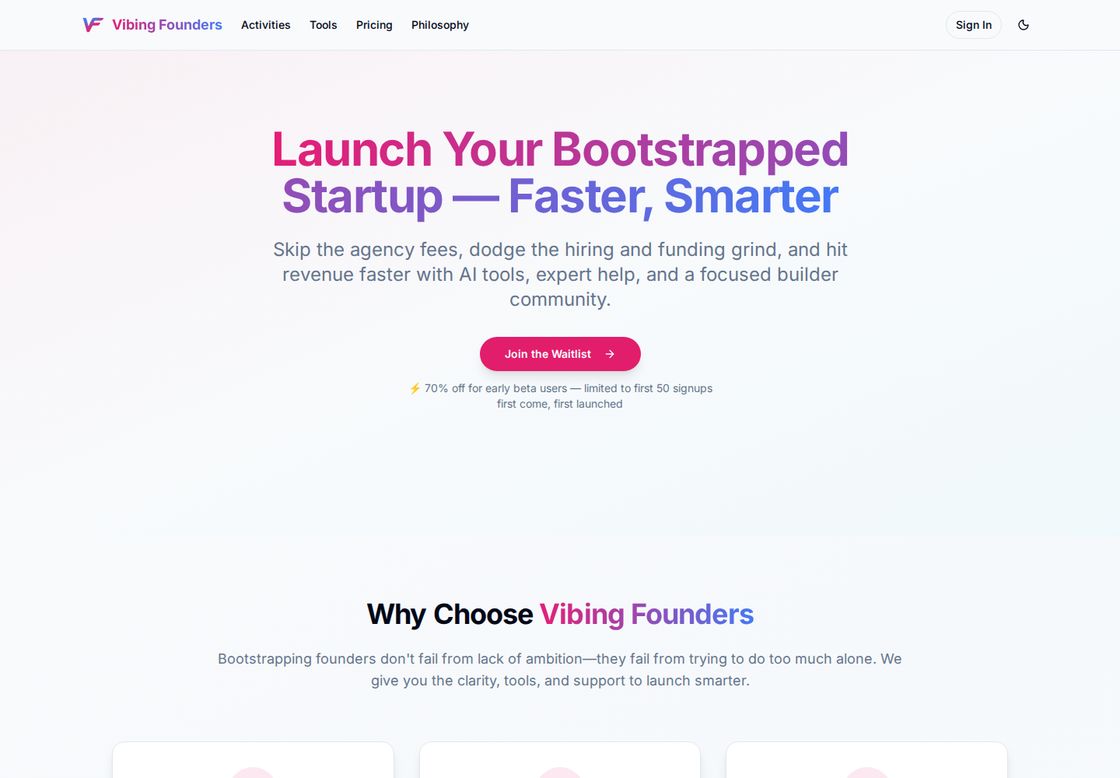 Vibing Founders homepage, first screen