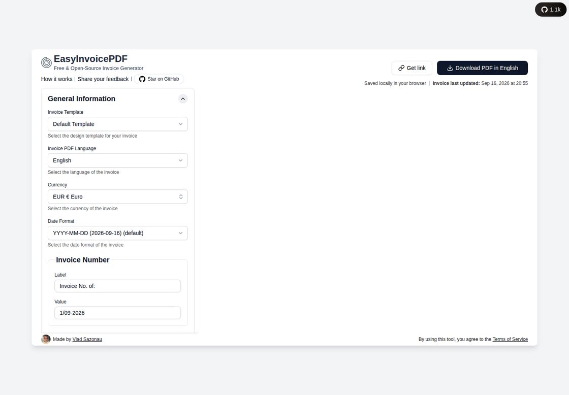 EasyInvoicePDF homepage, first screen