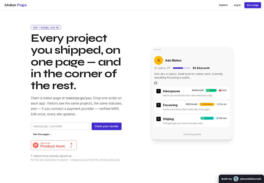 Maker Page homepage, first screen