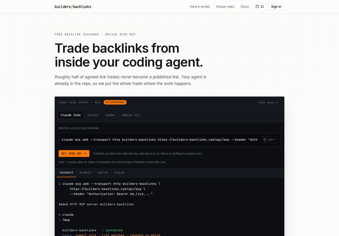 Builders Backlinks homepage, first screen